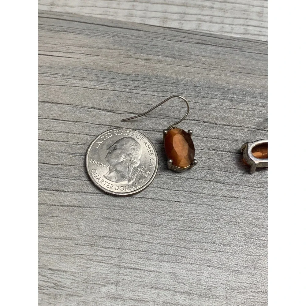 Vintage Silver Tone Amber Brown Oval Faceted Stone Drop Fishhook Earrings 4526